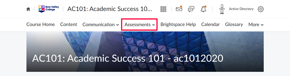 Assessments Tab highlighted in Bow Valley College D2L page