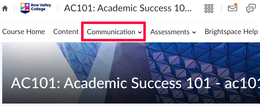 Communication tab highlighted in D2L