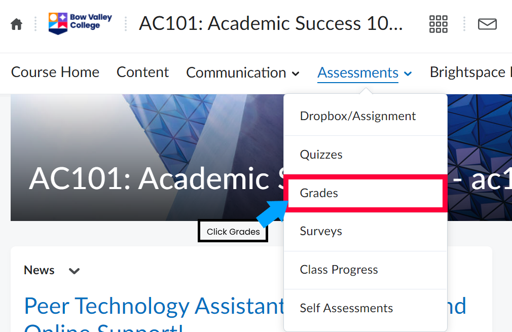 Grades option highlighted in Assessments tab in D2L
