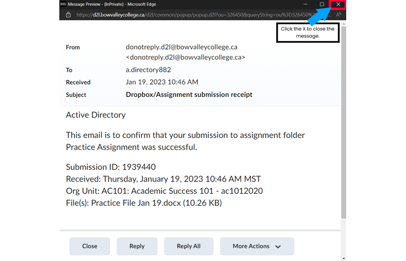 Message popup for D2L messaging with X icon in top right of window highlighted